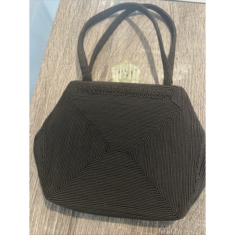 1940s Vintage Genuine Corde Purse Corded Handbag Dark Brown with Lucite Clasp